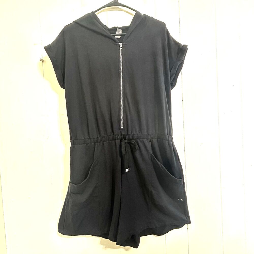 zuda Z-Knit Hooded Zip Jumpsuit with Pockets Black Romper Size Large